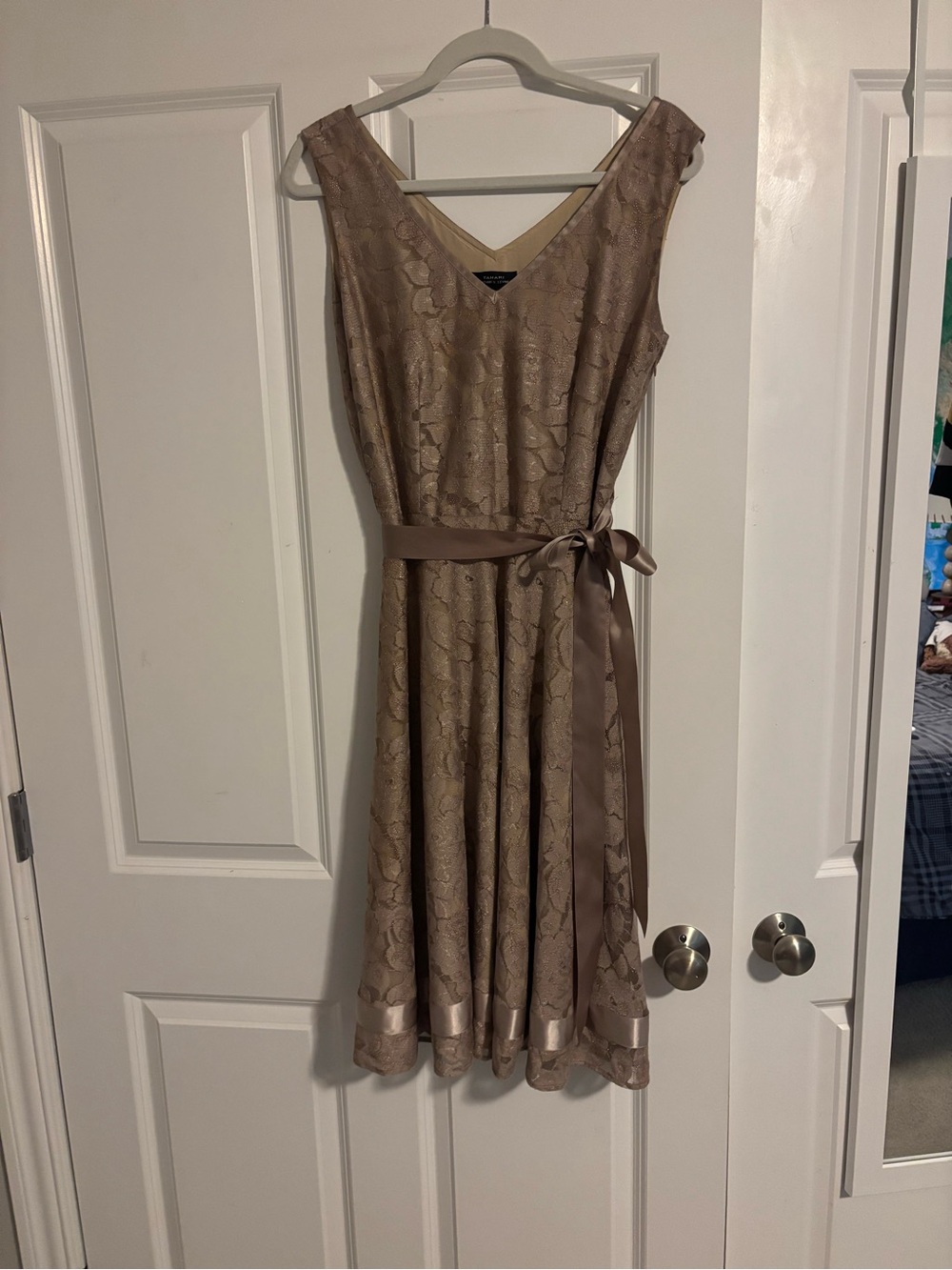 Sleeveless Taupe/Gold Lace Midi Dress with Satin Tie